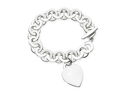 Silver Plated Mens Toggle Heart Charm Bracelet